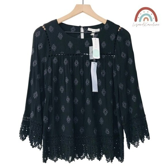 New! Pale Sky Stitch Fix Bohemian Eyelet Embroidered Bell Sleeve Black Top - Picture 2 of 11